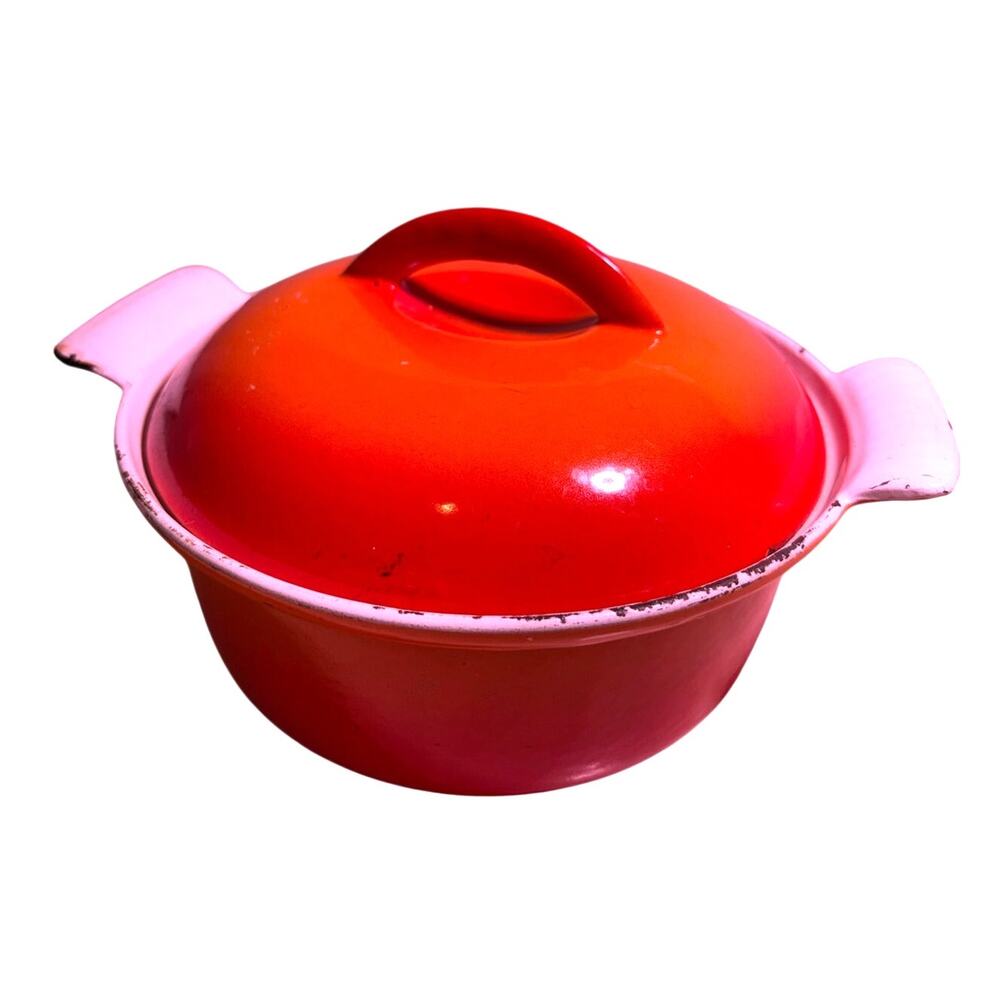 Descoware Vintage Flame Orange Cast Iron Croquette Casserole and Lid 7.5 in